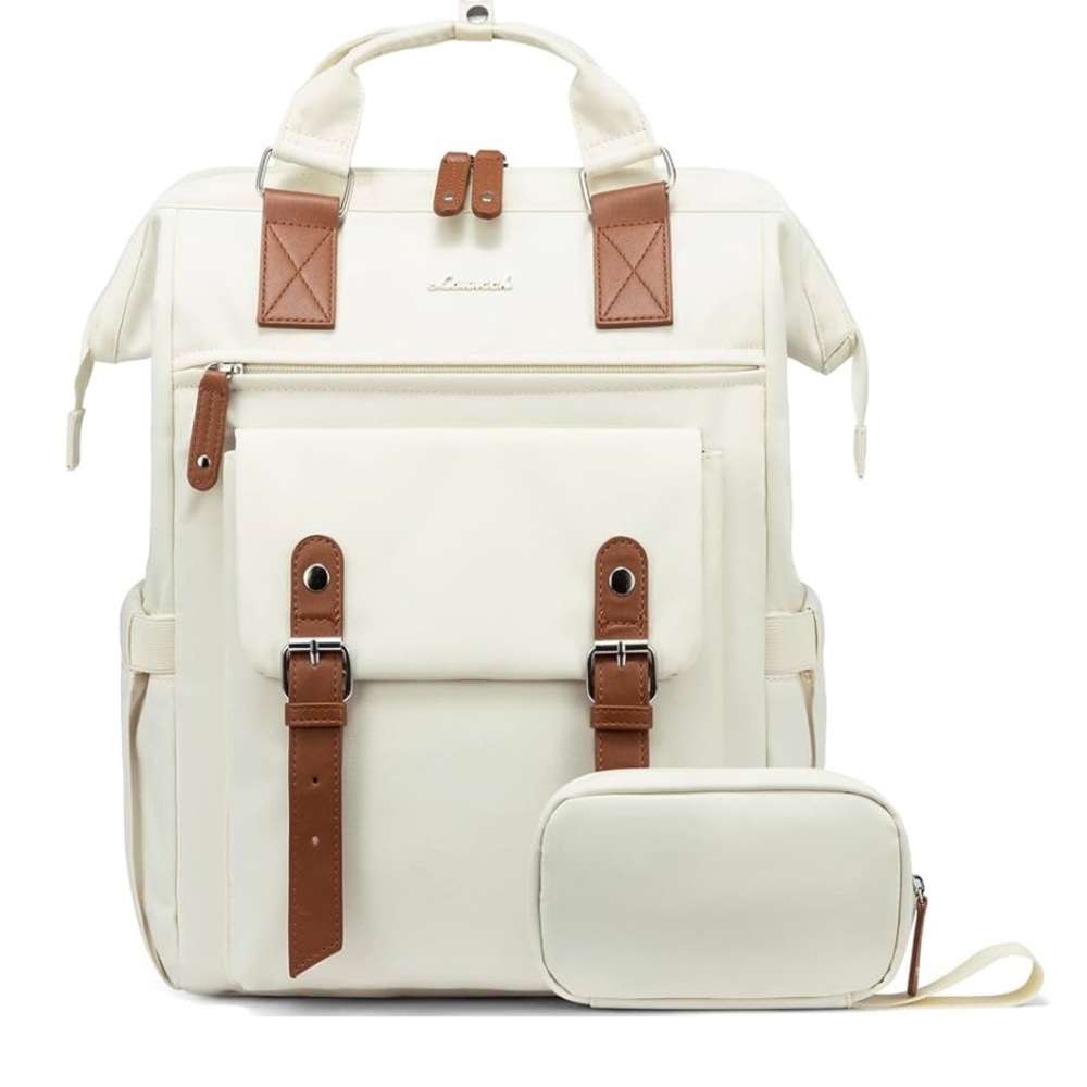 Cream and Brown Backpack with Pouch